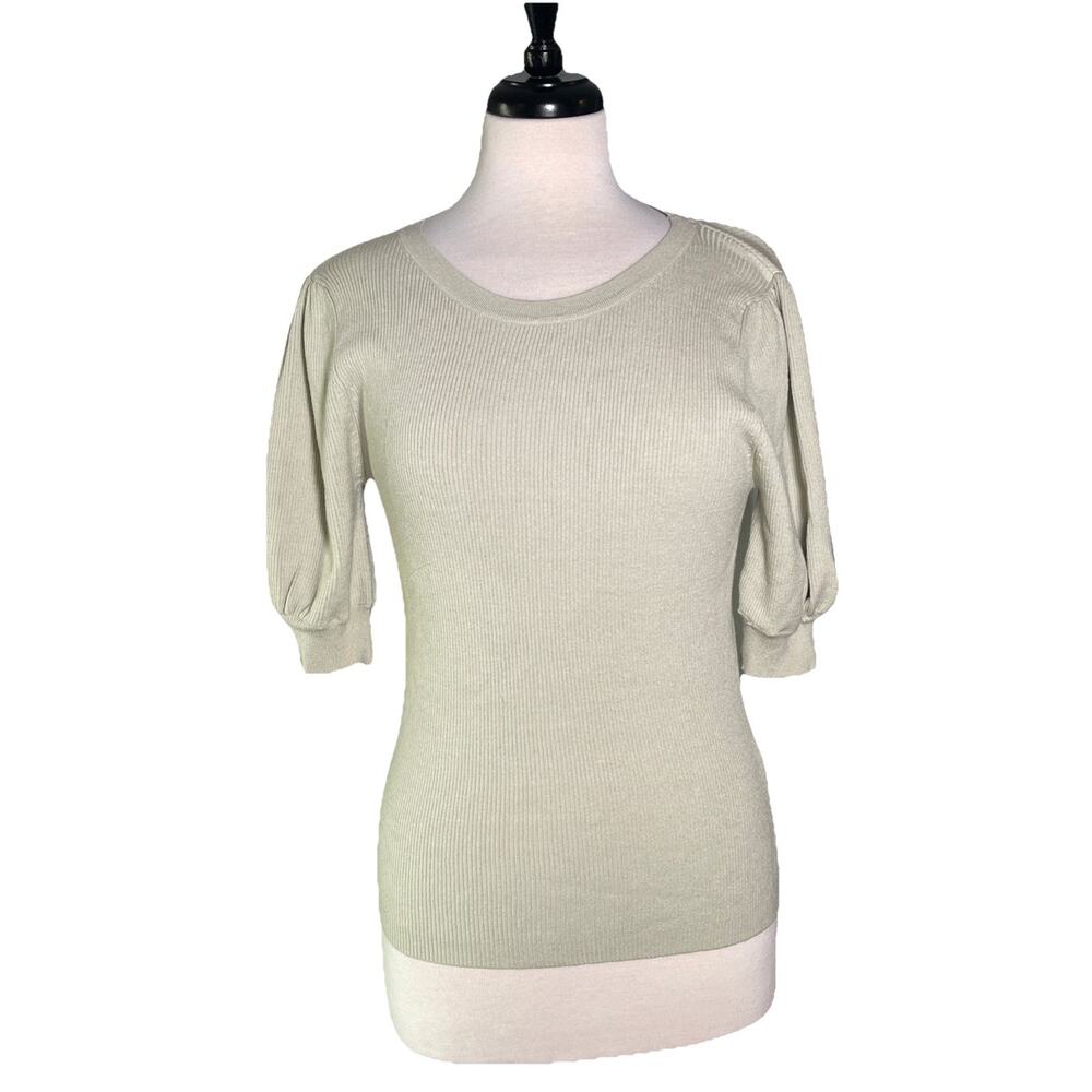 Tahari Women’s Viscose Blend Sweater Sage S/S Balloon Sleeve Ribbed Trim M NWT